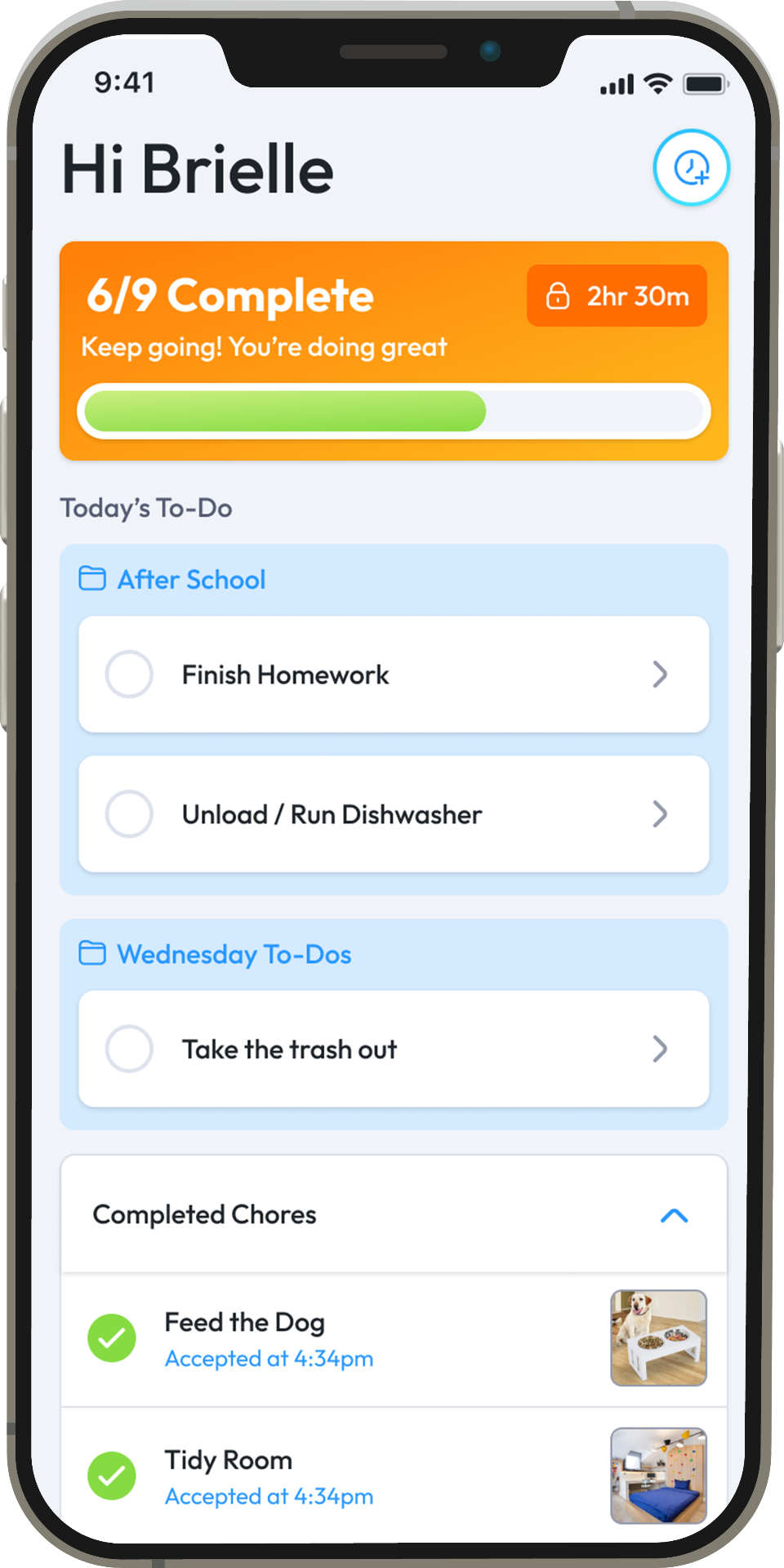 Choreio kids home screen showing today's to-do list and completion progress