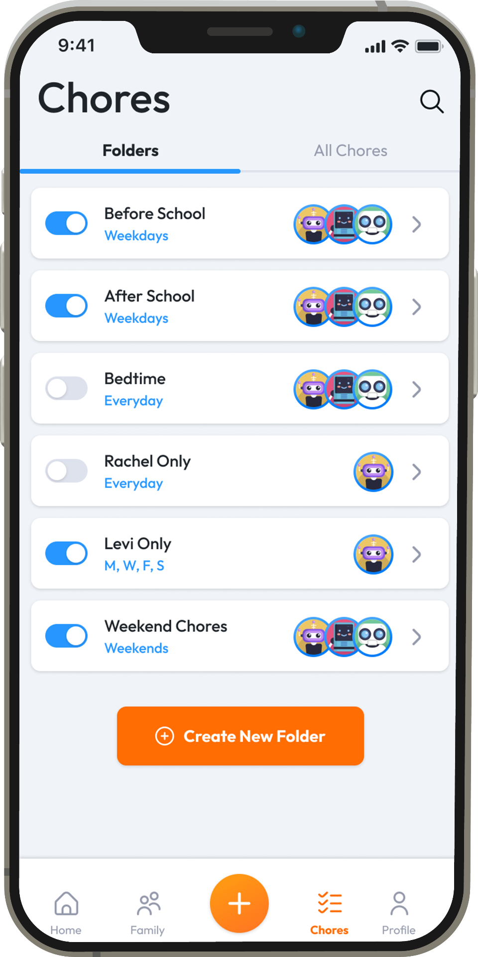Choreio parents view showing chore folders and family member assignments