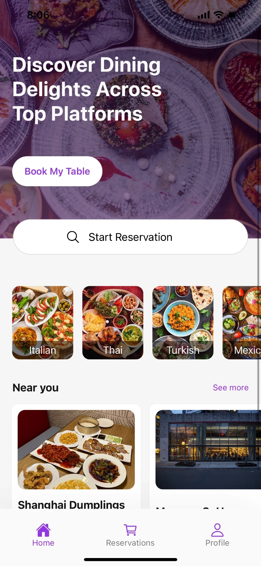 Smart dining app screenshot showing restaurant discovery, cuisines, and nearby restaurants