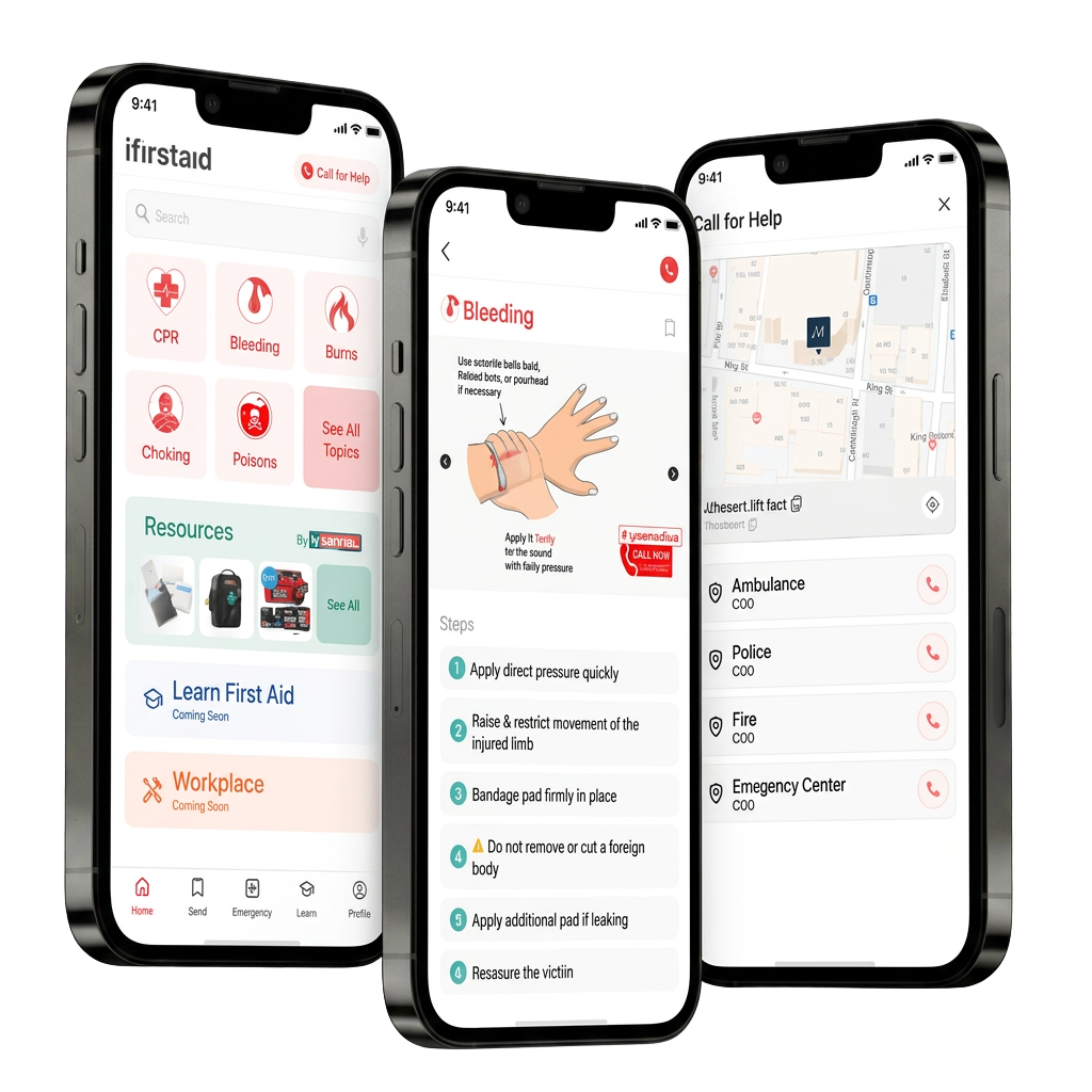 iFirstAid mobile app shown on three iPhone mockups — home screen, bleeding first aid steps, and call for help map