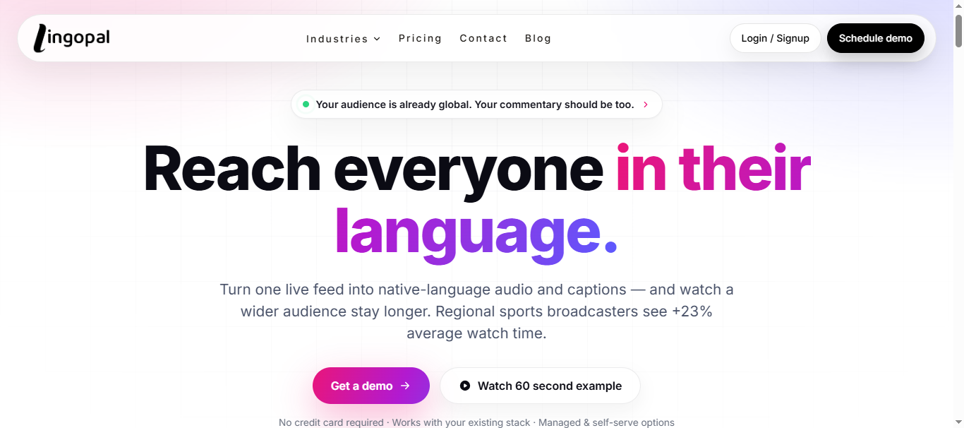 Lingopal AI platform website hero — Reach everyone in their language