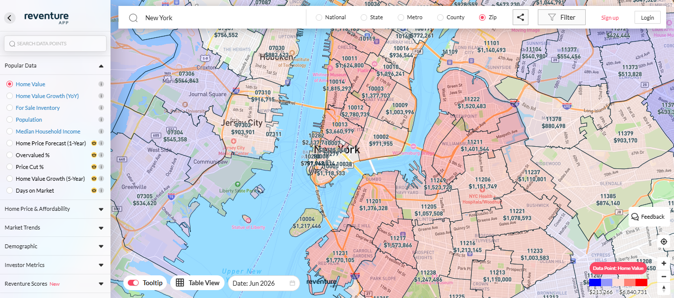 Reventure App — US housing market data platform with interactive ZIP-code map